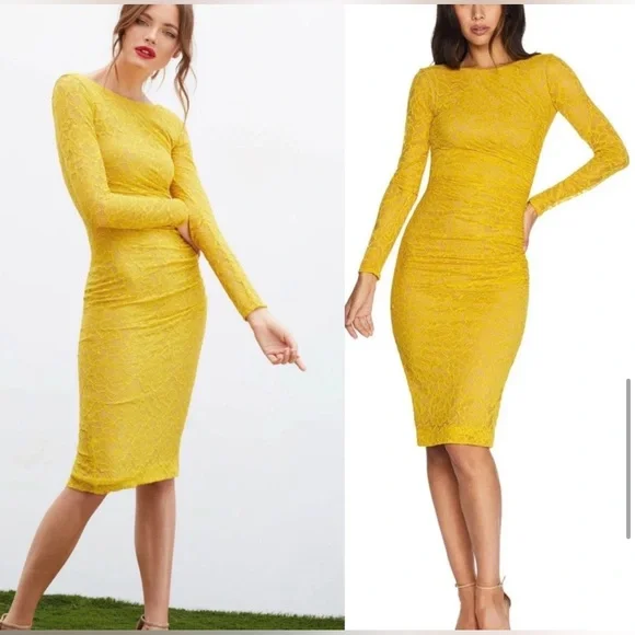 Dress the Populatjon Yellow Lace Long-Sleeve Bodycon Dress size small - Picture 4 of 11